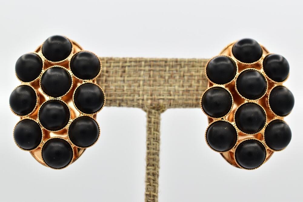 Vintage Clip On Earrings Black Matte Beaded Gold Tone Chunky Oval NOS 1980s A25